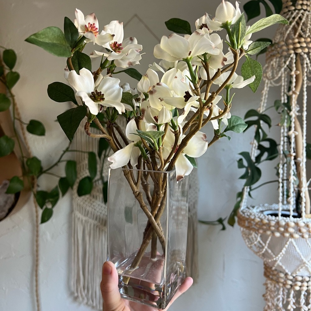 Faux Dogwood Flower Arrangement | White Silk Flowers in Glass Vase Home Decor